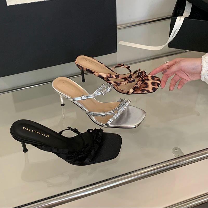 Fashion Bailamos Summer Fashion Band Woman Slippers Leopard Narrow Thin Low Heels Party Stripper Ladies Mules Slides Zapatos Mujer