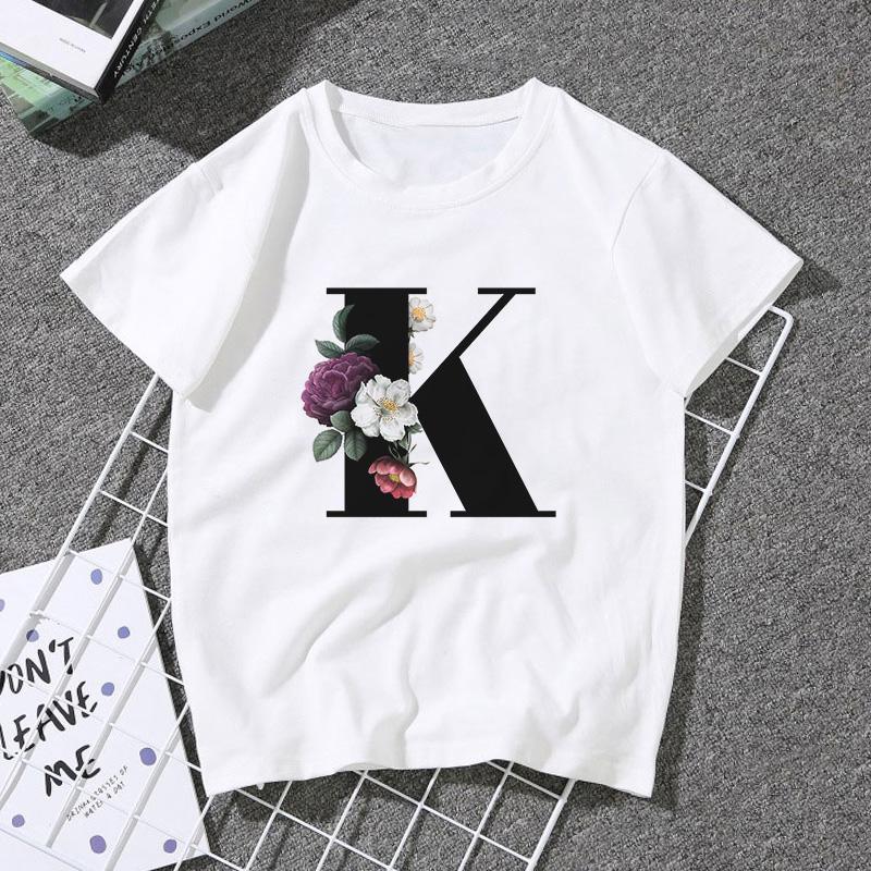 A B C D E English Alphabet Print T Shirt Women Short Sleeve Couples Lovers Female