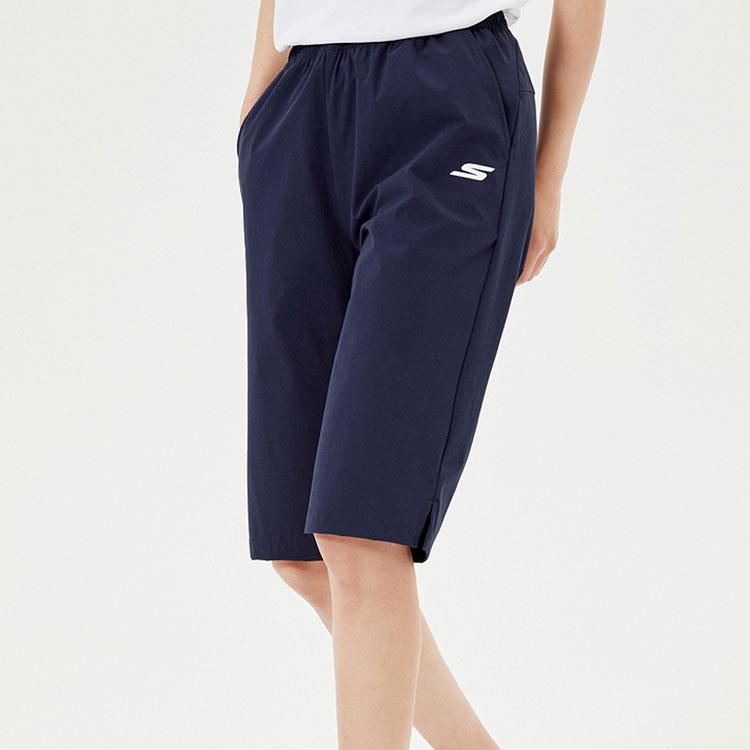 Skechers Basic Sports Series Printed Logo Solid Color Mid-Rise Quick-Dry Casual Shorts Women Shorts Dark-Blue P122W040-002Z