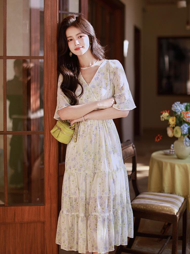 Women's Floral Chiffon Midi Dress - 2024 French Summer Slim Fit