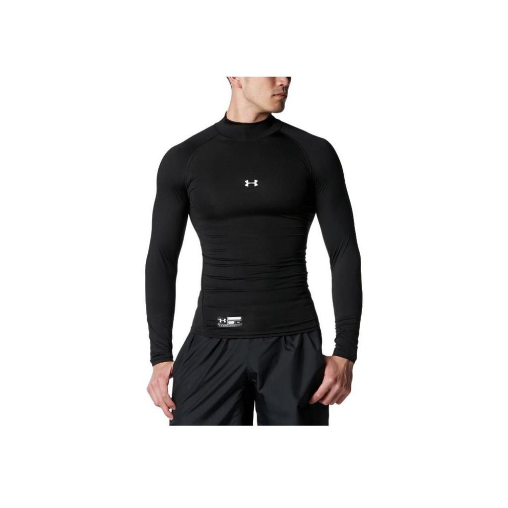 Under Armour Logo Print Mock Neck Slim Fit Long Sleeve T-Shirt Men Tops Black 1358645-001