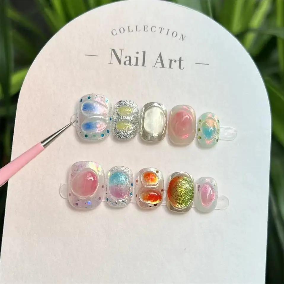 10 Pcs 3D Pattern Handmade Press On Nails Candy Full Cover Fake Nails Reusable Stick On Manicure Tips