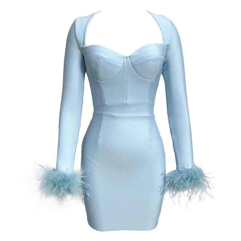 Neues Feder Langarm Europäische und Amerikanische Mode Bandage Abendkleid