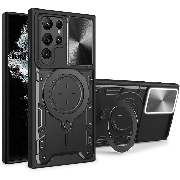 Coque - BOOLING - pour Samsung Galaxy S25 Ultra - Anneau Support -Noir - 2 Verres Trempés