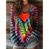 Women's Autumn Long-Sleeve T-Shirt V-Neck Loose Fit Patchwork Style with Irregular Geometric Print Trendy Street-Style Top