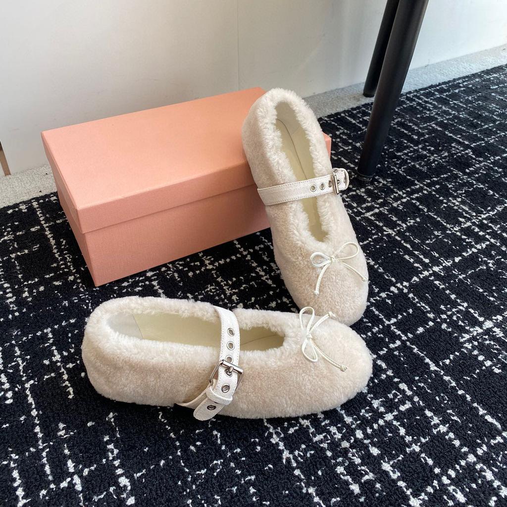 Zimní dámské ležérní boty Módní dámské vlněné baleríny S mašlí Mokasíny Mělké boty s přezkou Kulaté mokasíny