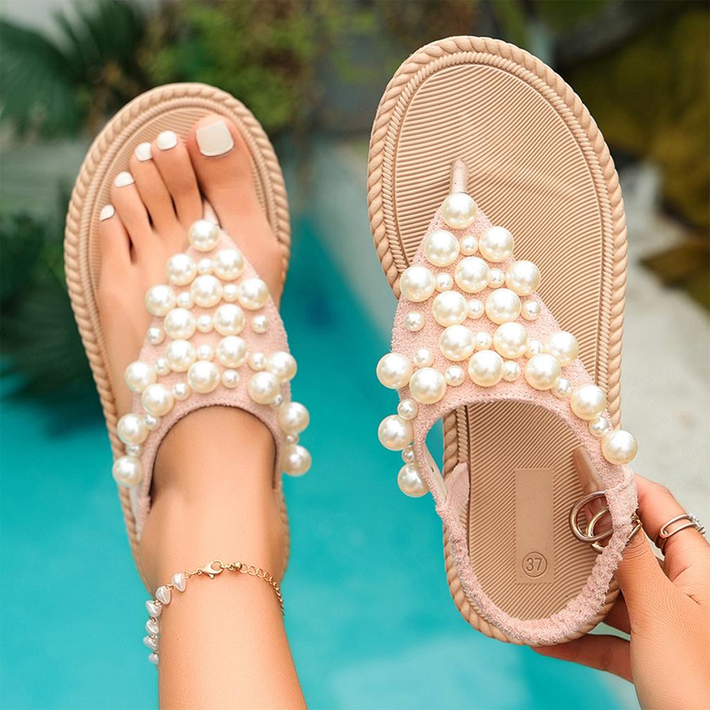 Women's Platform Flip Flop Sandals Elastic Back Strap Pearl Embellished Casual Slip On Summer Beach Shoes Comfortable Footwear