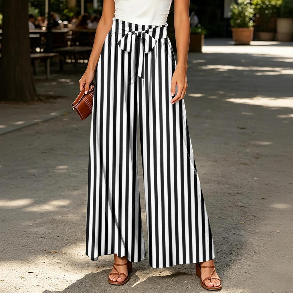 Women's High Waist Wide Leg Pants with Striped Plaid Print Casual Loose Fit Trousers with Tie Belt and Pockets for Everyday Wear