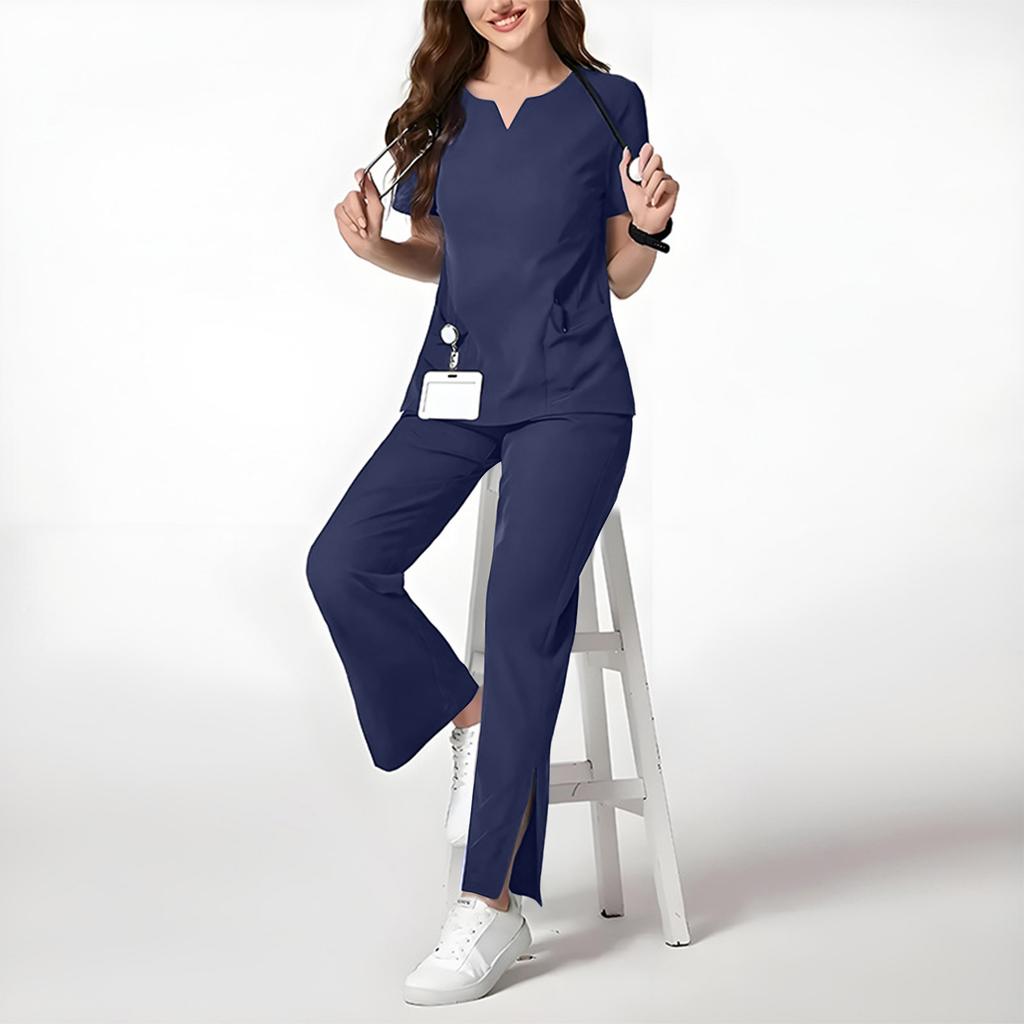 Ladies' Loose And Comfortable V,neck Short Sleeved Workwear With Multiple Pockets Suit Set
