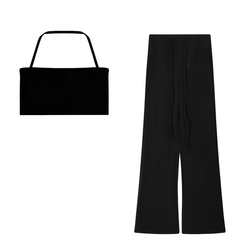 Kumikumi Temperament Half-Open Collar Long sleeves Shirt Inner wear Halter Top Women Autumn Slimming Casual Pants Three-Piece Set