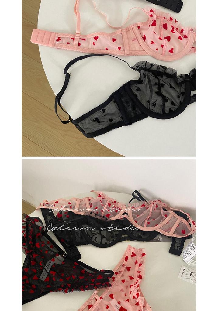 French Pink Lace Heart Bra Set: Sexy, Thin, Bust-Enhancing Design for Young Women