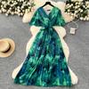 Summer New Women's High-end Strap Waist V-neck Horn Sleeve Thin Temperament Printed Chiffon Dress