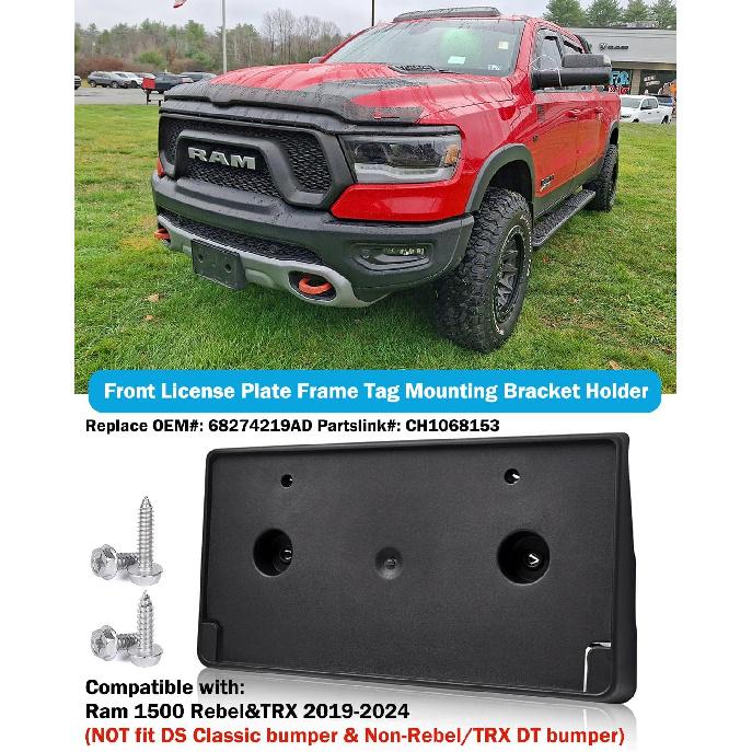 Front License Plate Frame for Dodge Ram 1500 DT Rebel & TRX ONLY 2019-2024 Front Bumper License Tag Plate Holder Mounting Bracket Replace #