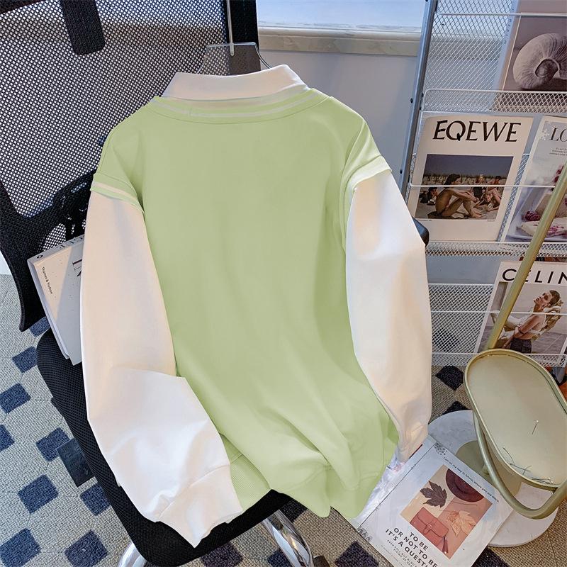 2024 Autumn Women's High-End Spliced Polo Sweatshirt - Long Sleeve, Loose, Slimming, Versatile Design