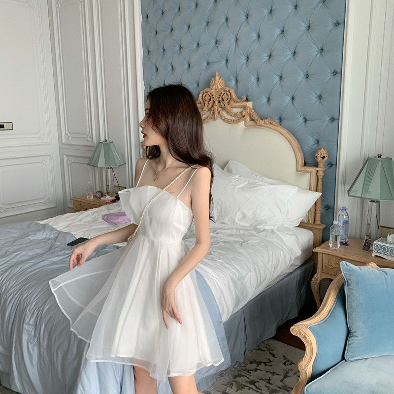 Sweet and Super Fairy Mesh Dress Women's Sleeveless Ruffle Mesh Camisole Dress High Waist A Line Short Mini Skirt Suitable for Parties Vacations