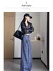 Women's Blue Retro Plaid Double-Breasted Wide-Leg Pants - Zhao Lusi Spring & Autumn Style