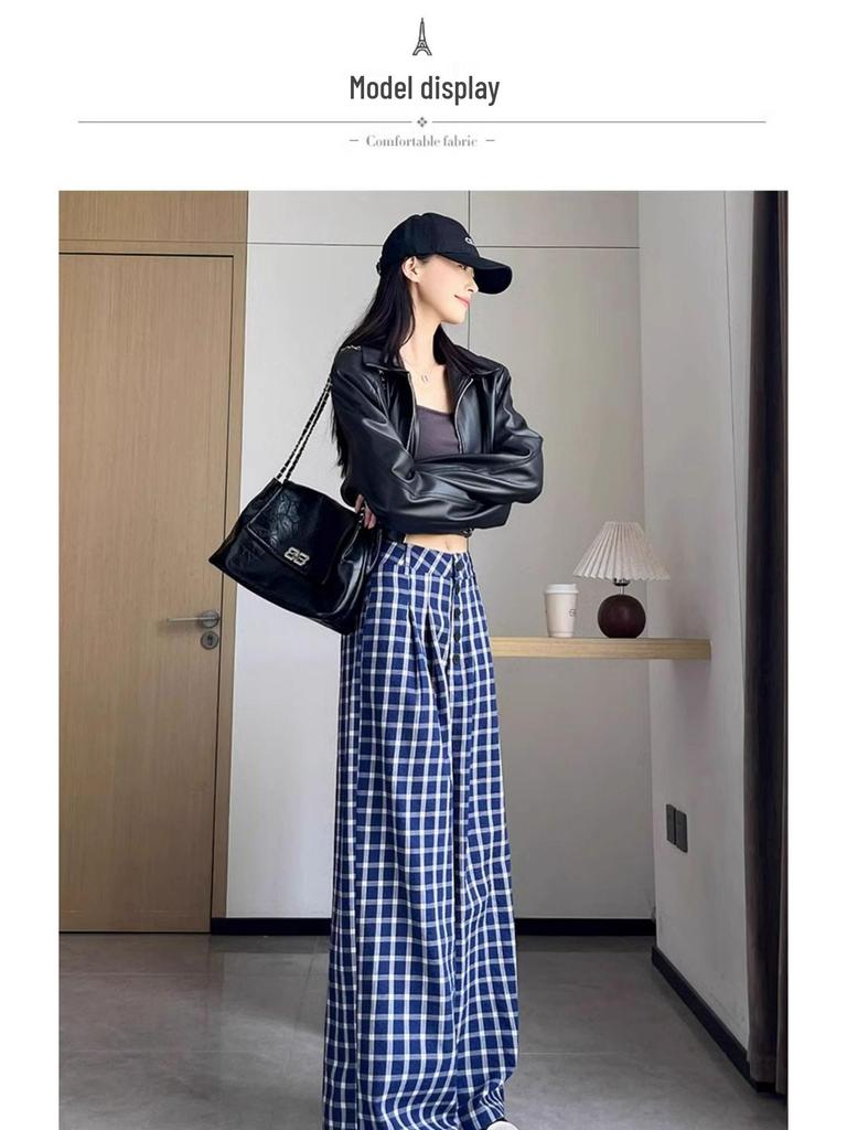 Women's Blue Retro Plaid Double-Breasted Wide-Leg Pants - Zhao Lusi Spring & Autumn Style