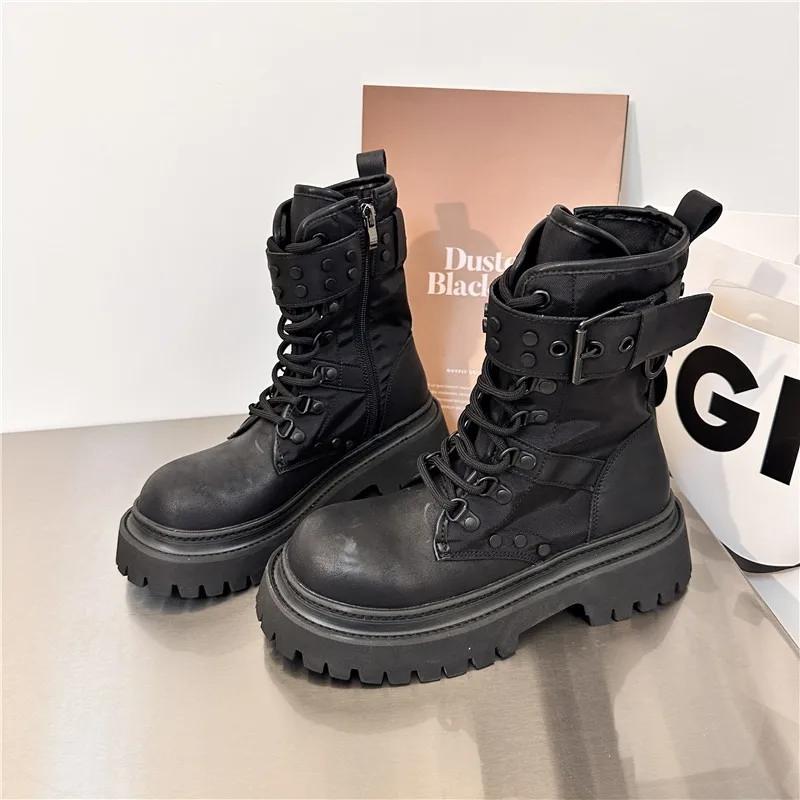 Ladies Shoes  High Quality Side Zipper Women's Boots Fashion Cross Lacing Office and Career New Round Toe Mid-Calf Boots