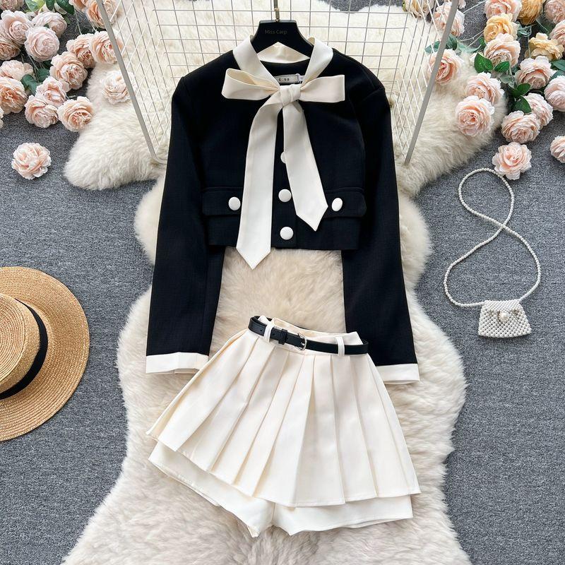 

Western Style Early Autumn Strap Pleated Pantskirt Suit Outwear Black S