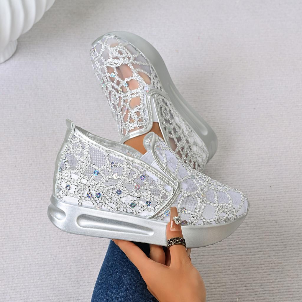 Fashion Platform Wedges Women Sandals  Floral Embroidery Mesh Sneakers Women Slip On Casual Comfy Heeled Shoes Woman Zapatos De Mujer