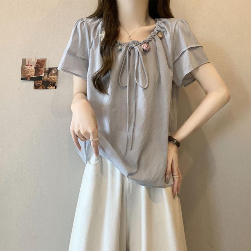 

Модные рубашки с цветочным принтом на кулиске, женская одежда, однотонная базовая летняя новинка во французском стиле, с круглым вырезом, повседневная блузка с коротким рукавом L синий