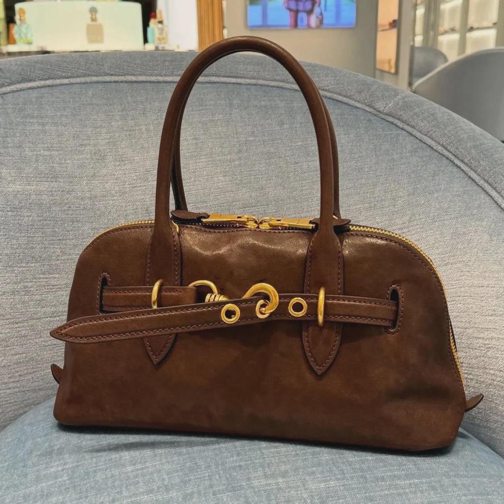 Genuine Leather Retro Cowhide Bowling Tote - Women's Fashionable Crossbody & Shoulder Bag