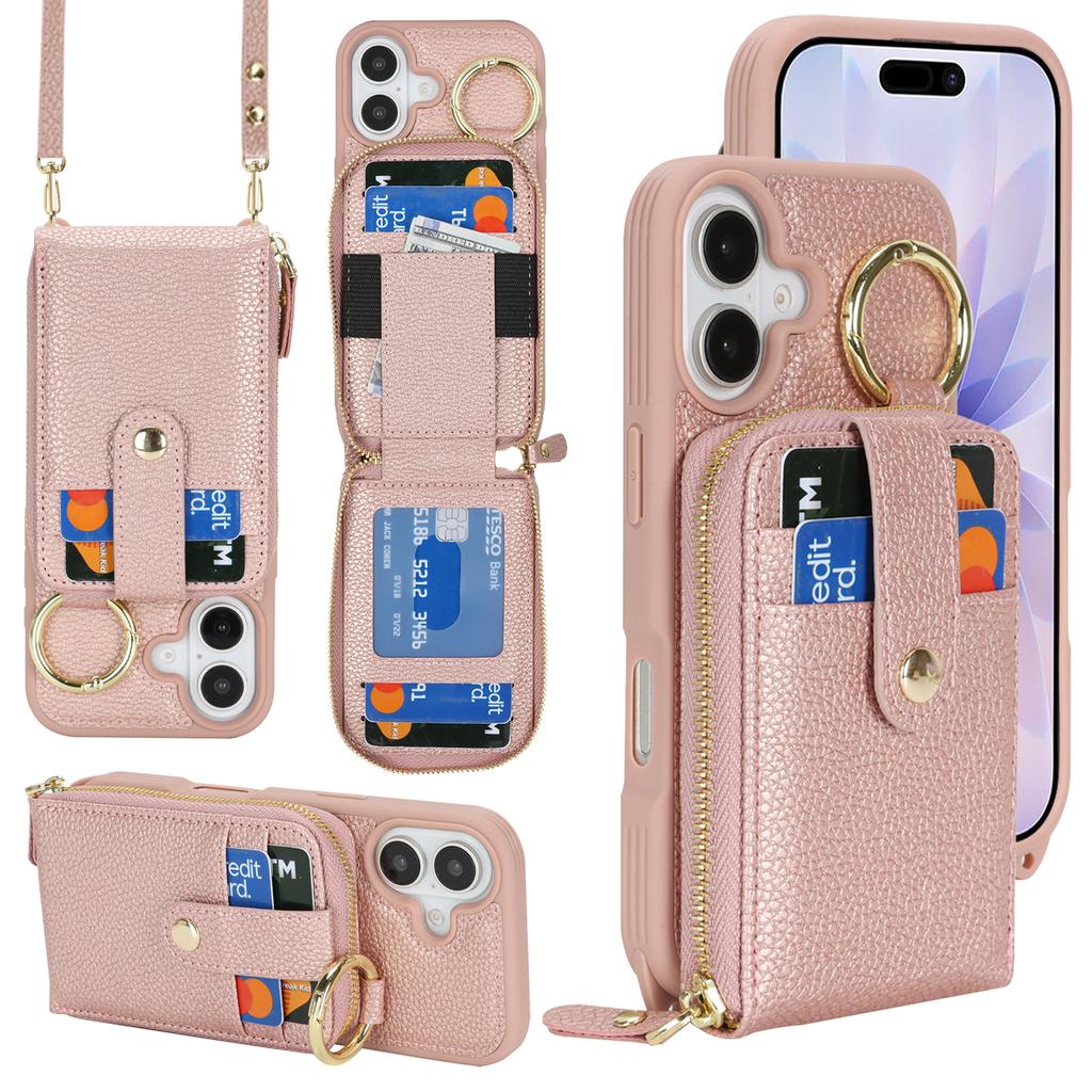 For iPhone 17 Case with Zipper Pouch / Ring Kickstand / Strap Litchi Texture PU + TPU Phone Cover
