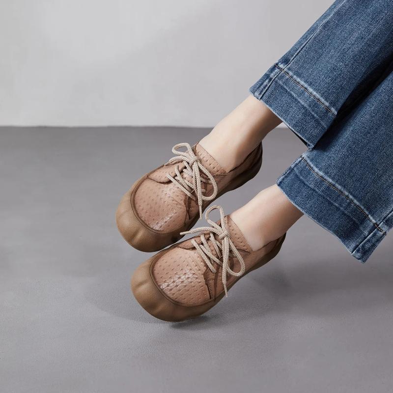 Johnature Retro Lace Up Soft Soled Shoes Comfortable Genuine Leather Versatile Women's Flat Shoes