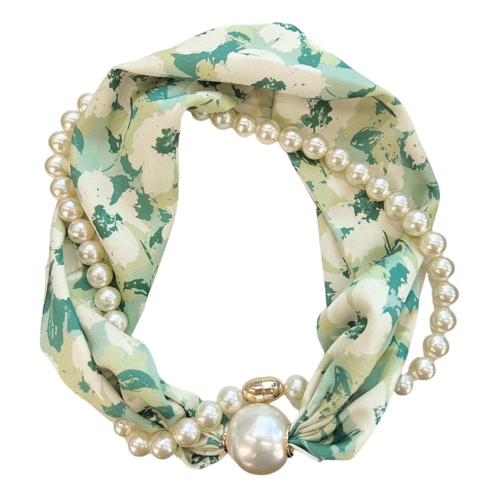 Magnetic Clasp Pearls Chain Necklace Floral Satins Scarf Elegant Silk Skinny Narrow Neckerchief for Fashionable Women