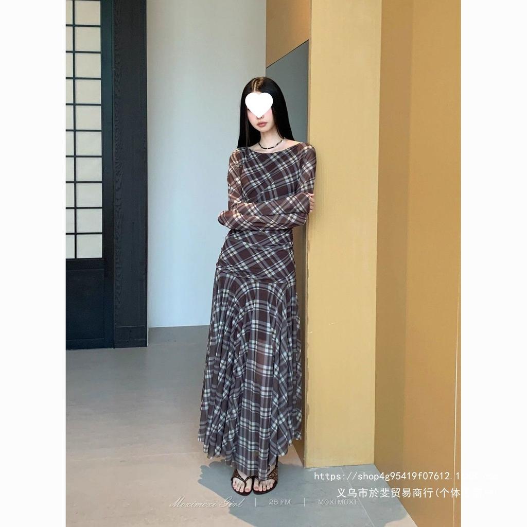 Autumn Retro Irregular Long-sleeved Dress Plaid Spring New Temperament Waist Thin Plaid Dress