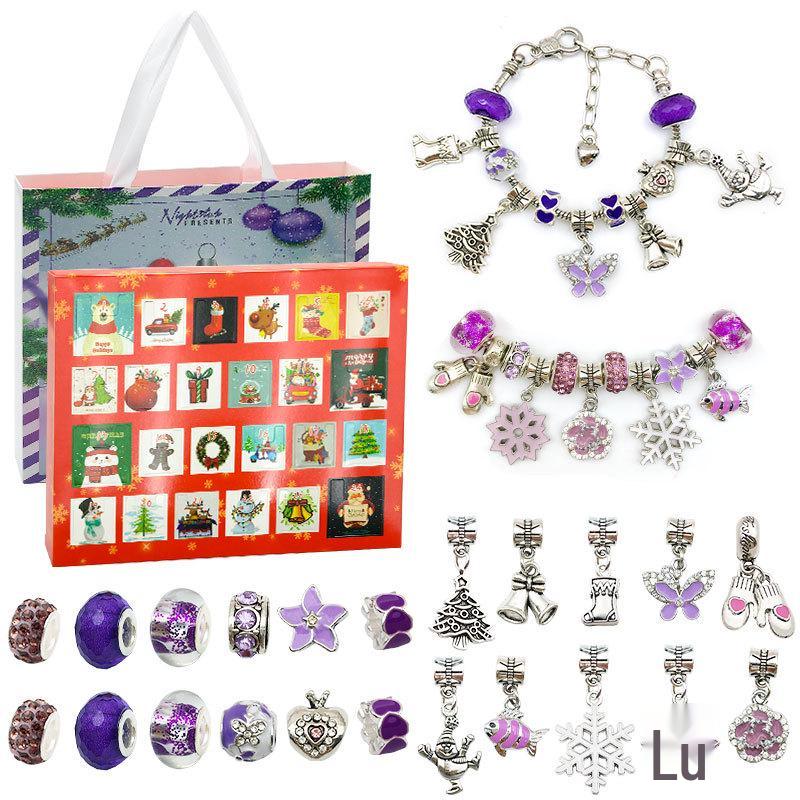 Contagem Regressiva para o Natal: Caixa de Presente Roxa com Calendário de Pulseira de Contas Douradas/Prateadas DIY