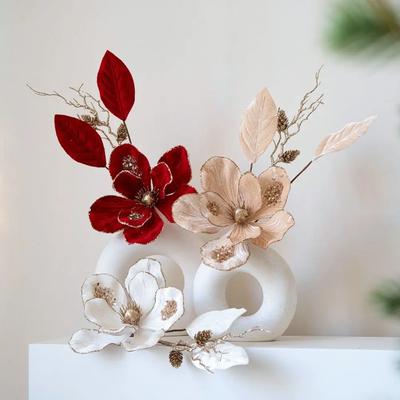Fabric Plastic Christmas Artificial Flowers DIY Decoration 22cm Xmas Decorative Flowers Ornaments Glitter Fake Flower New Year