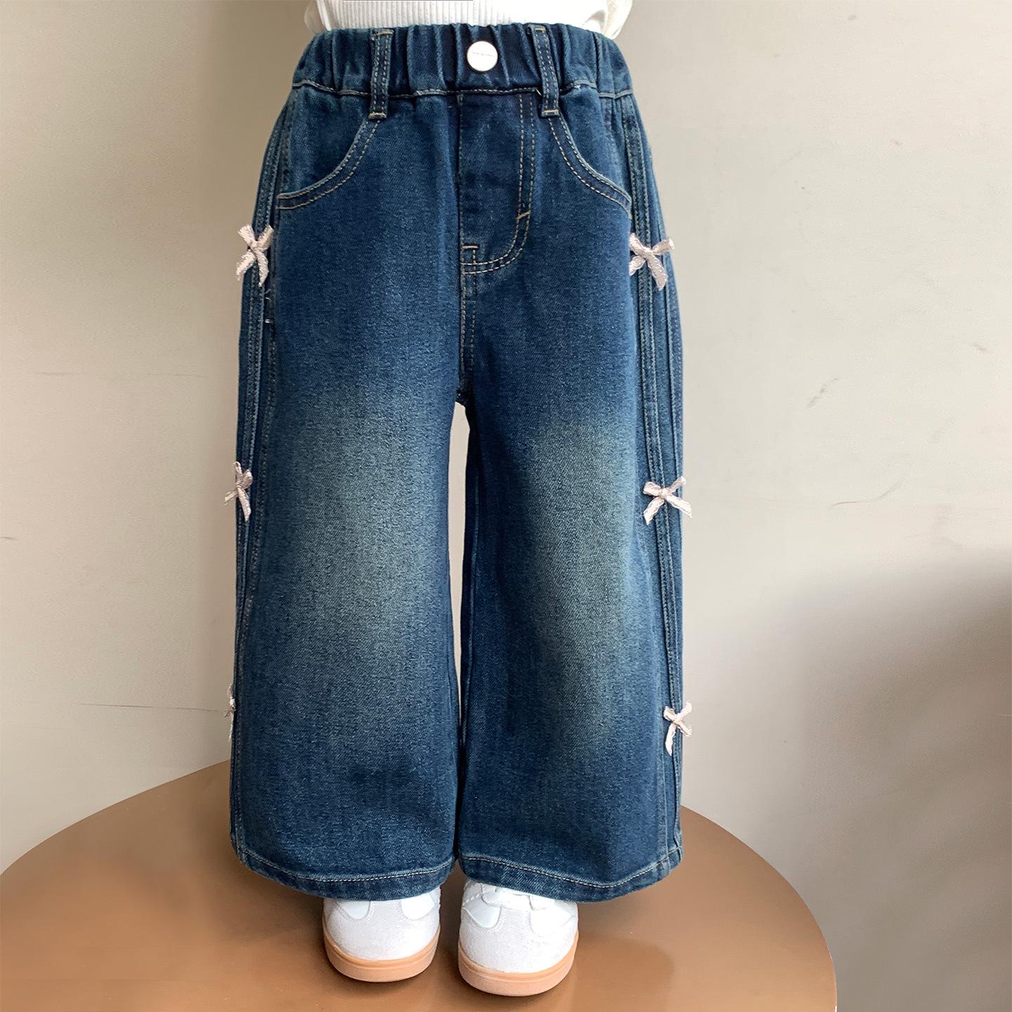 

2025 Spring & Autumn Girls Wide-Leg Bow Jeans - Children s Straight-Leg Pants 140 cm синий