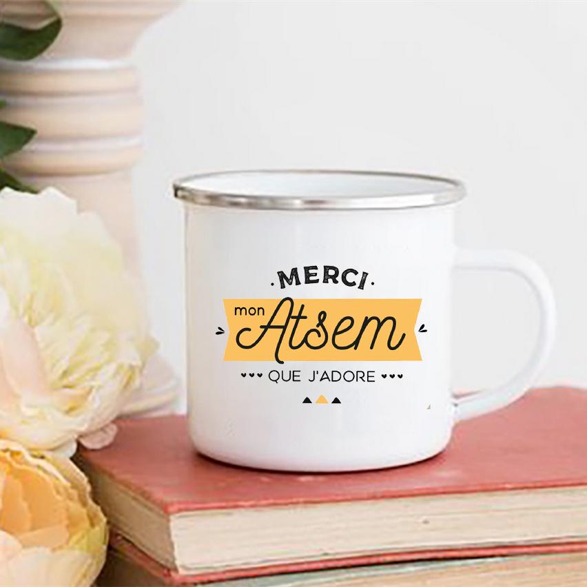 Drinks Water Milk Cup Enamel Mug Merci Maîtresse Super Atsem Print Mugs Creative Coffee Cups School Home Handle Drinkware Gifts