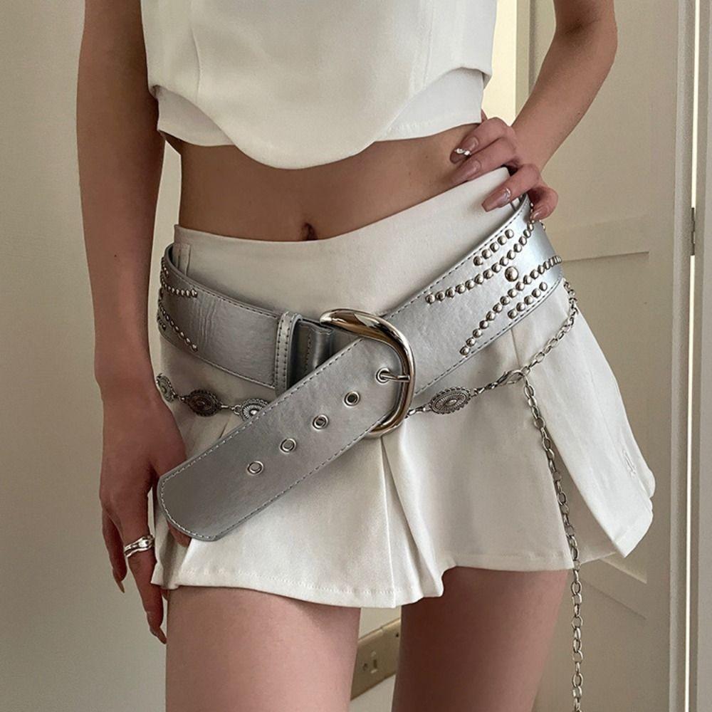 Y2K Wide Belt Silver PU Leather Waistbands Punk Rivet Waist Belt  Girl