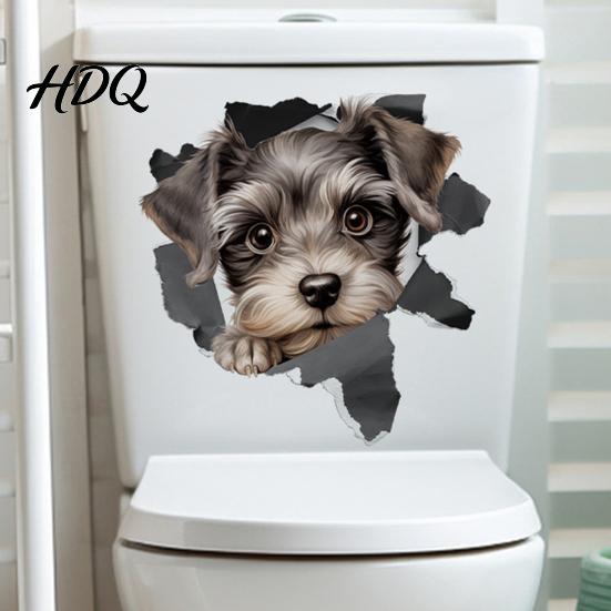 Bathroom Wall Decals Cartoon Dog Toilet Lid Sticker 3D Effect Puppy Decal for & Decorative Lid Animal Decoration Sticker Home Office Living