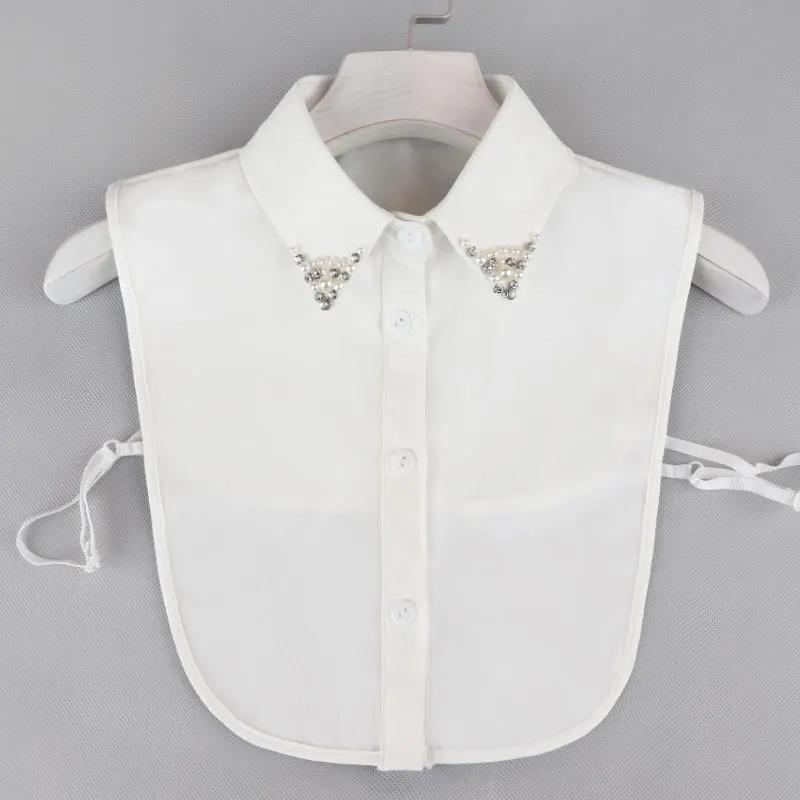 Fashion Ladies Fake Collar for Women Chiffon Fake Collar Rhinestone False Collar Lapel Detachable Button Half-Shirt Blouse Top