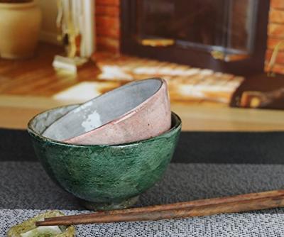 Shigaraki-Ware Schalenpaar [Kiefernnadel und Pfirsichblüte Reisschalen-Set w909-05_909-06] Perfekt für Paare, Shigaraki-Ware, Keramik