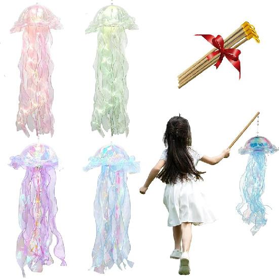 4 Pack LED Jelly-Fish Lamps, Hanging Glitter Iridescent Jelly-Fish Lantern, Home Office Room Decoration, Birthdays Halloween Christmas Gift for