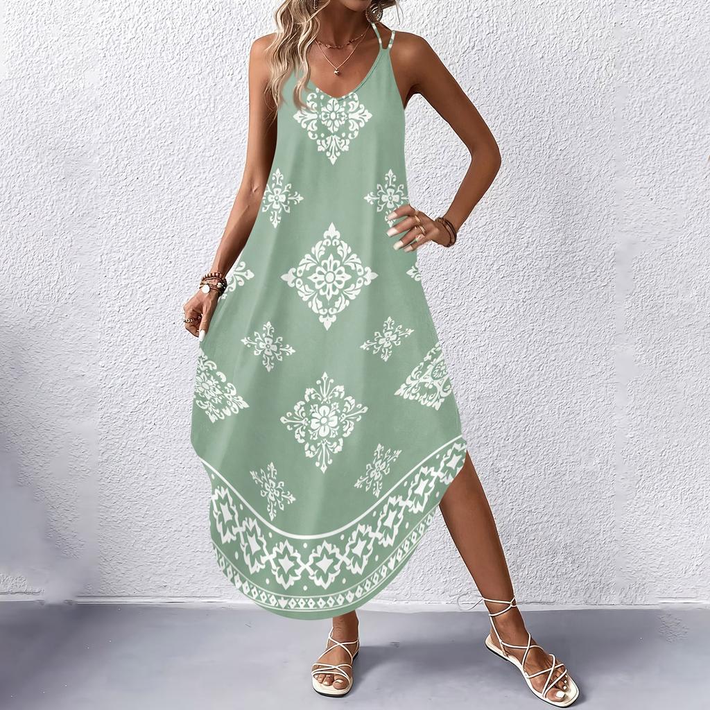 Women V Neck Sleeveless Neck Geometric Floral Print Maxi Dress with Pockets for Casual Beach Holiday Wear