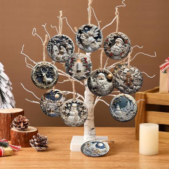 Christmas Wooden Ornaments Round Vintage Nativity Scene Santa Snowman Hanging Decoration