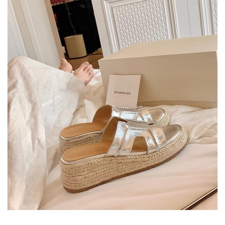 Height-increasing Ruth slippers women's summer straw woven one-word slope heel H cool slippers