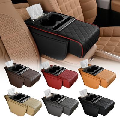 Boîte d'accoudoir de voiture multifonctionnelle Organiseur d'accoudoir en similicuir Tapis Housse de console centrale avec poches latérales Porte-gobelet