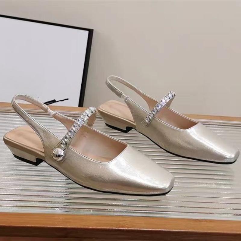 Fashion 2025 Summer Comfort Shoes for Women Rhinestone Sandals Shallow Mouth Square Toe  Suit Female Beige Fashion Spring Closed Flat