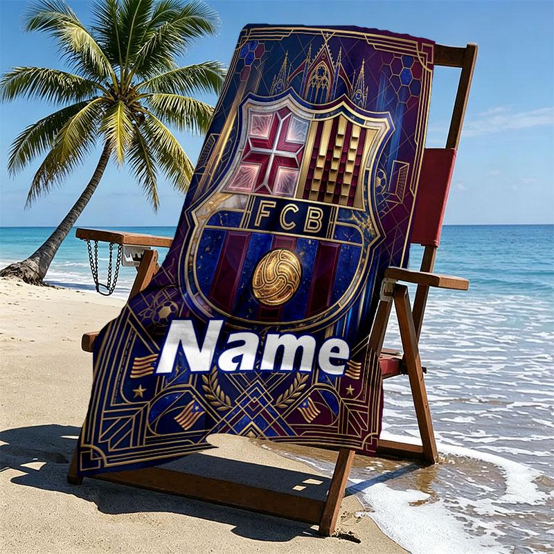 Custom Name Personalized Barcelona FC Soccer Print Beach Towel, for Trip Camping Beach Party Home Decor, Birthday Gift for Family & Friends