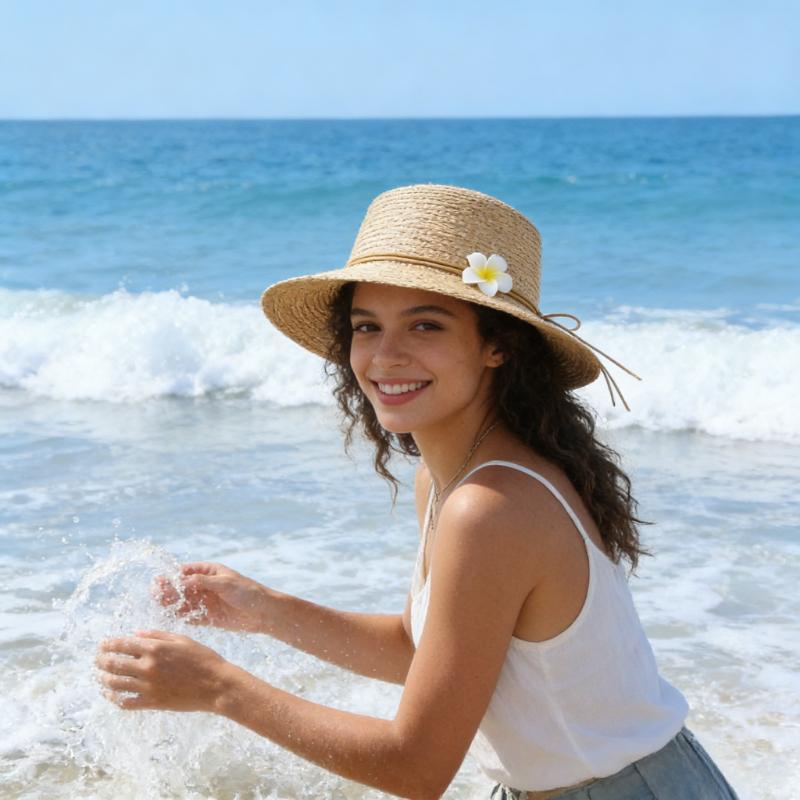Girls Floral Ribbon Straw Hat Summer Breathable Sun Hat Women Fashion UV Protection Woven Cap