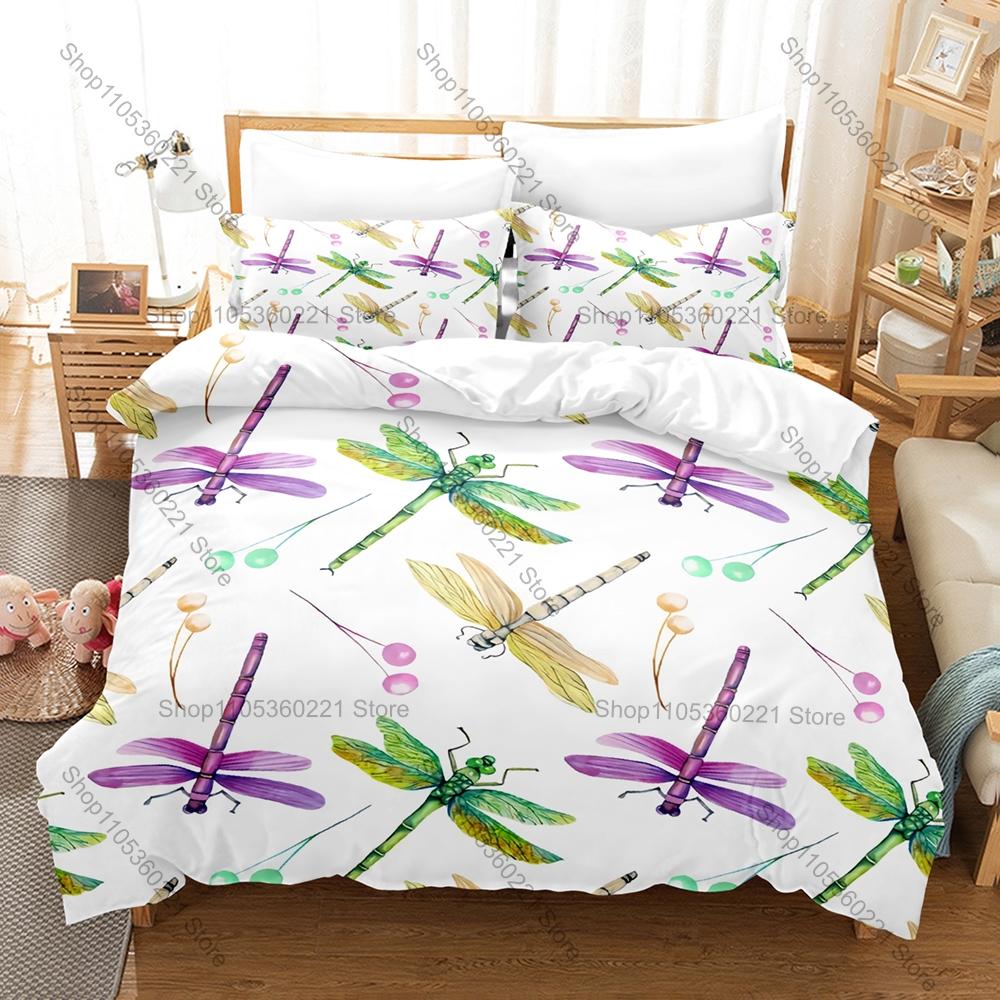 Cute Cartoon Dragonfly 3 Piece Bedding Set Soft Microfiber Duvet Cover Set with Pillowcases for Kids Bedroom Decor All Season