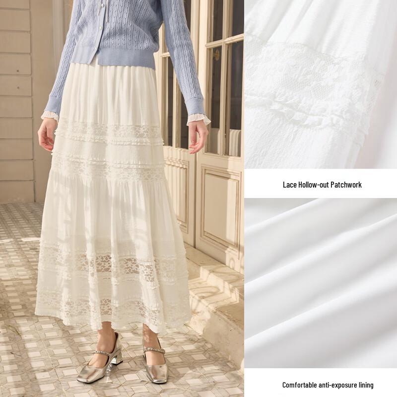 Elegant White Lace High-Waist Tiered Midi Skirt