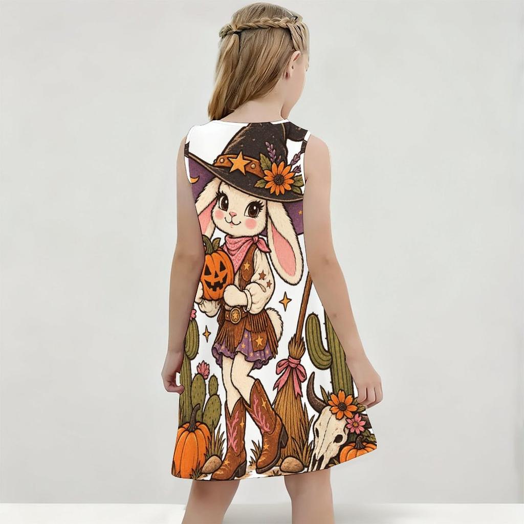 Little Girls Round Neck Sleeveless A Line Flared Dress Halloween Cartoon Lamb Printed
