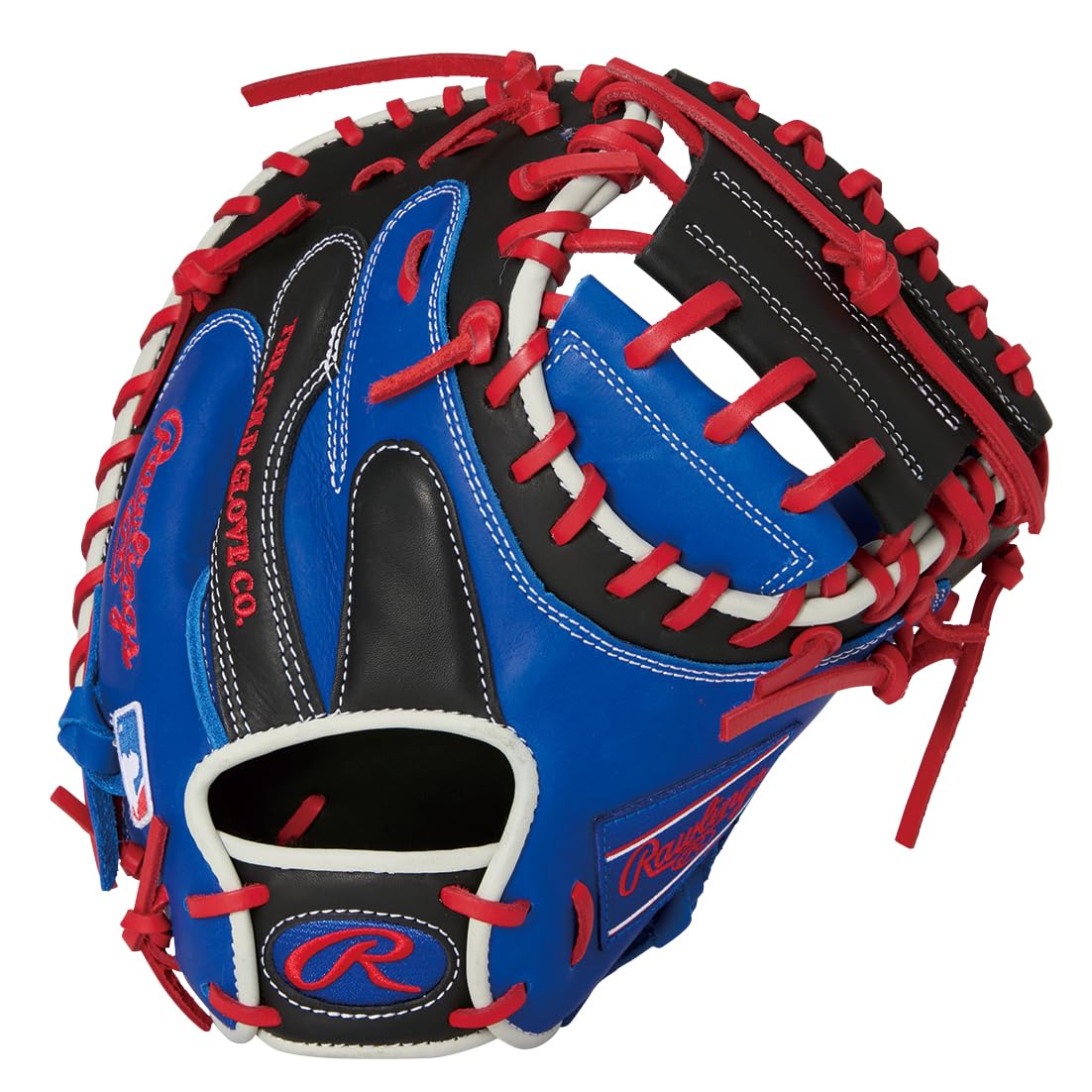 

Rawlings baseball adult size 33 HOH MLB COLOR SYNC Royal worn on the left catcher s glove, (for right-handed throwers). Model GR5HM2AC, Blue/Black.